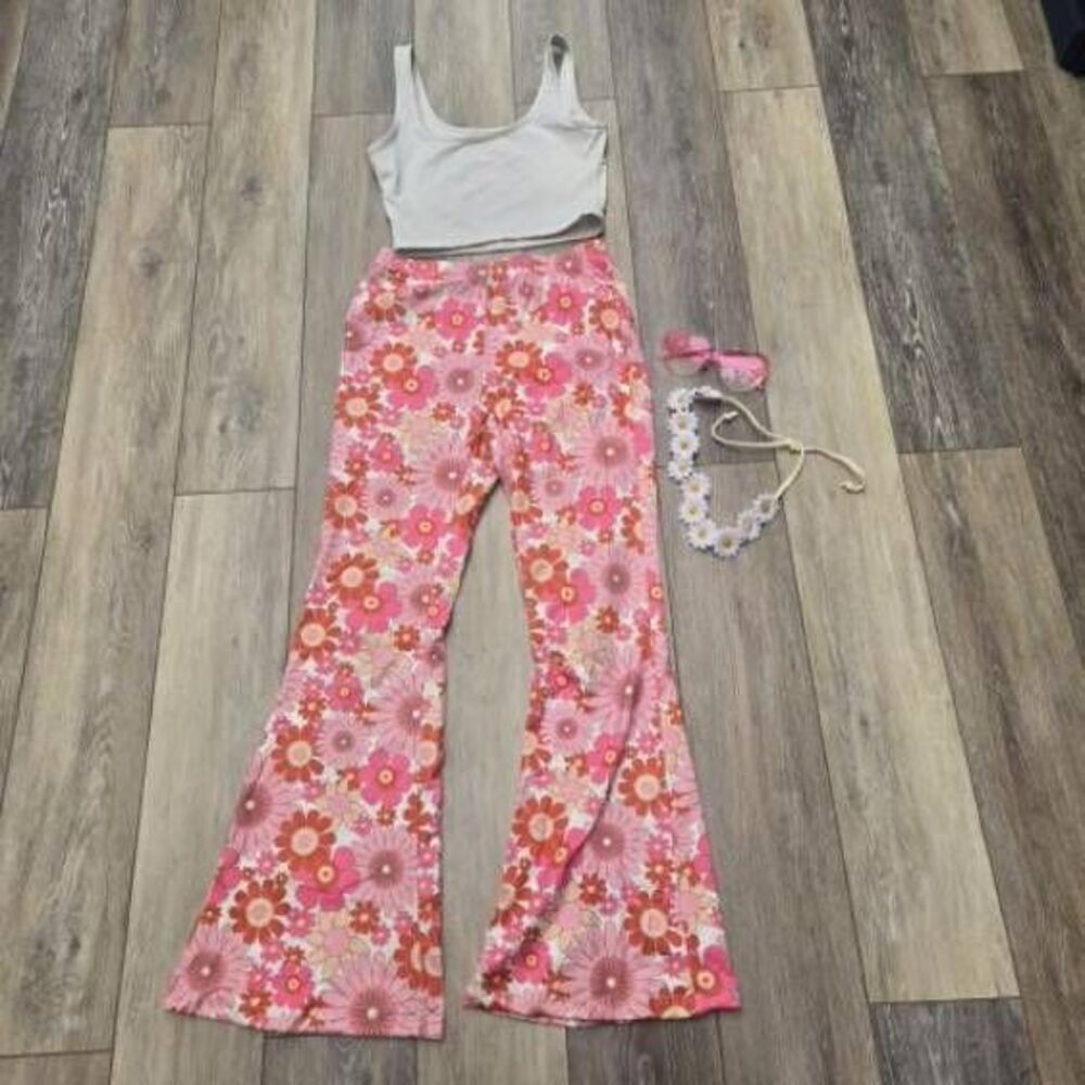 Hippy Flower girl  teen costume with accessories bell bottoms pink white xs